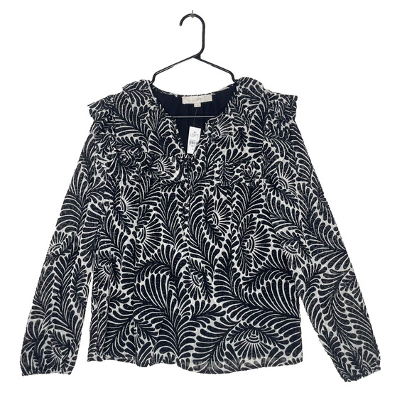 NEW LOFT Womens Blouse Size M Ruffle Tie Neck Black White Floral Boho Office - Picture 1 of 6
